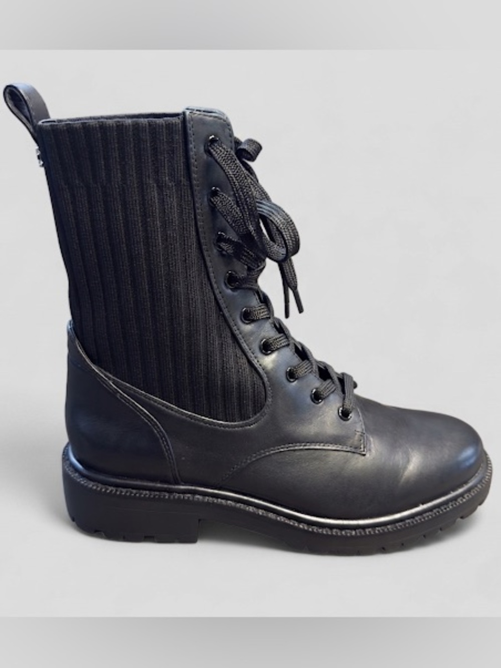 Sam Edelman Lydell Combat Boots Women's Size 7.5 Black Leather Knit Lug Sole
